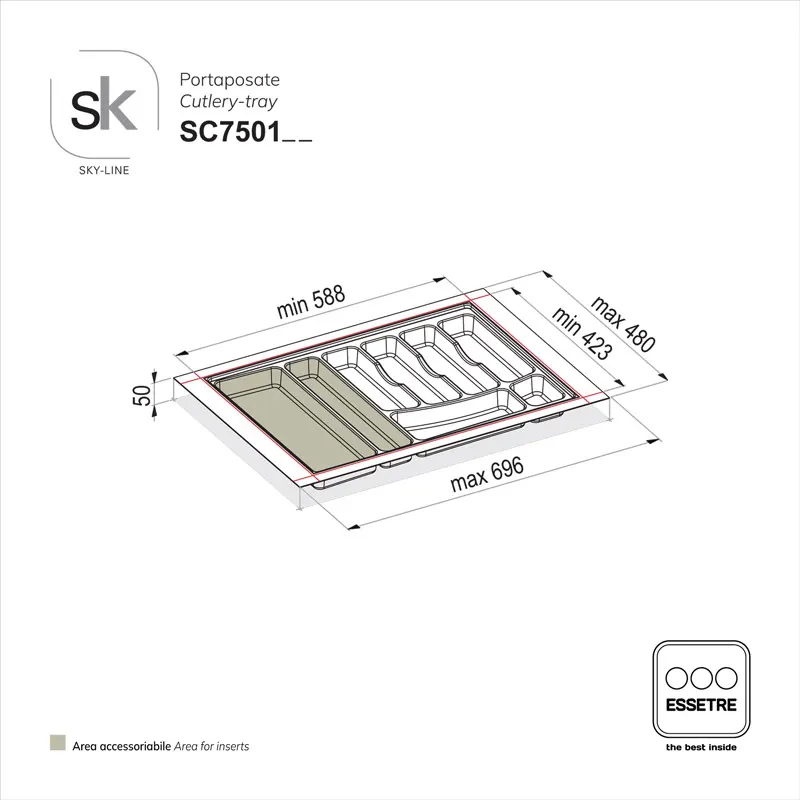 Portaposate SKY-LINE in plastica per cassetto base 750 mm