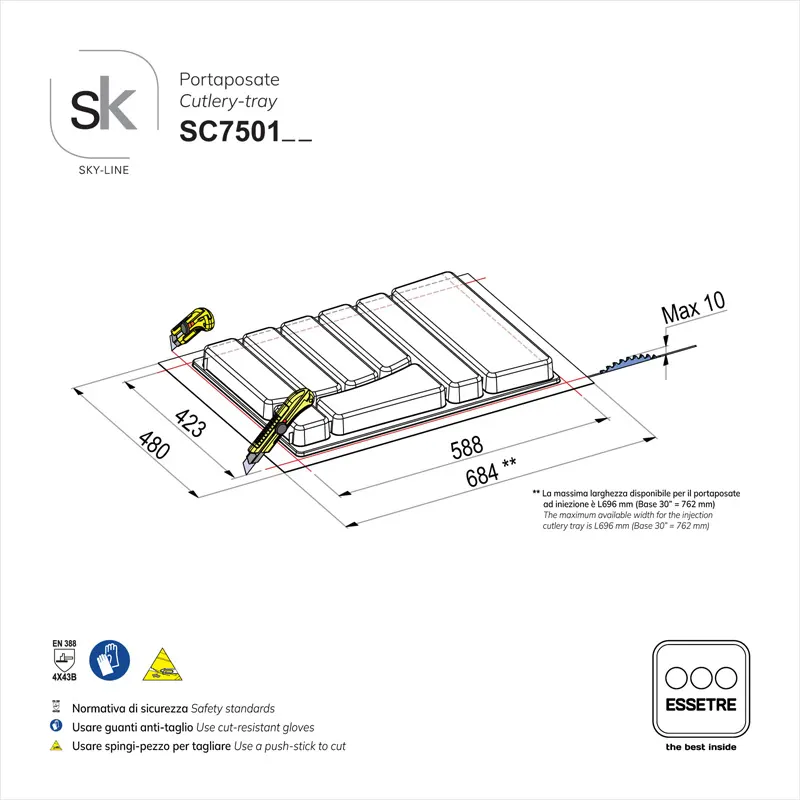 Portaposate SKY-LINE in plastica per cassetto base 750 mm