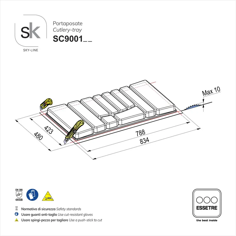 Portaposate SKY-LINE in plastica per cassetto base 900 mm