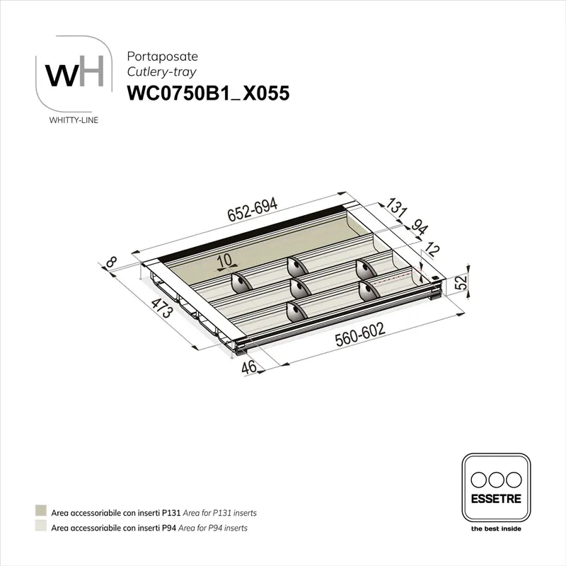 Portaposate WHITTY-LINE in plastica per cassetto base 750 mm