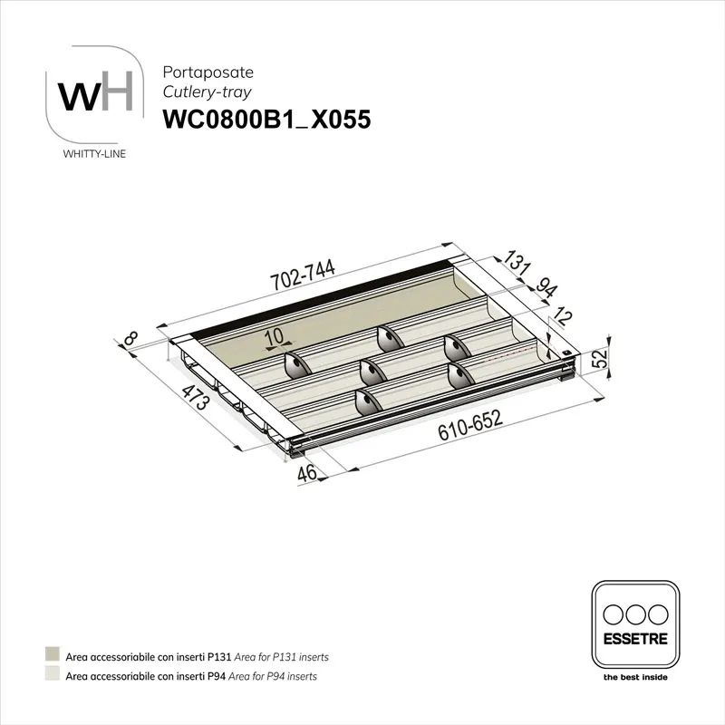 Portaposate WHITTY-LINE in plastica per cassetto base 800 mm