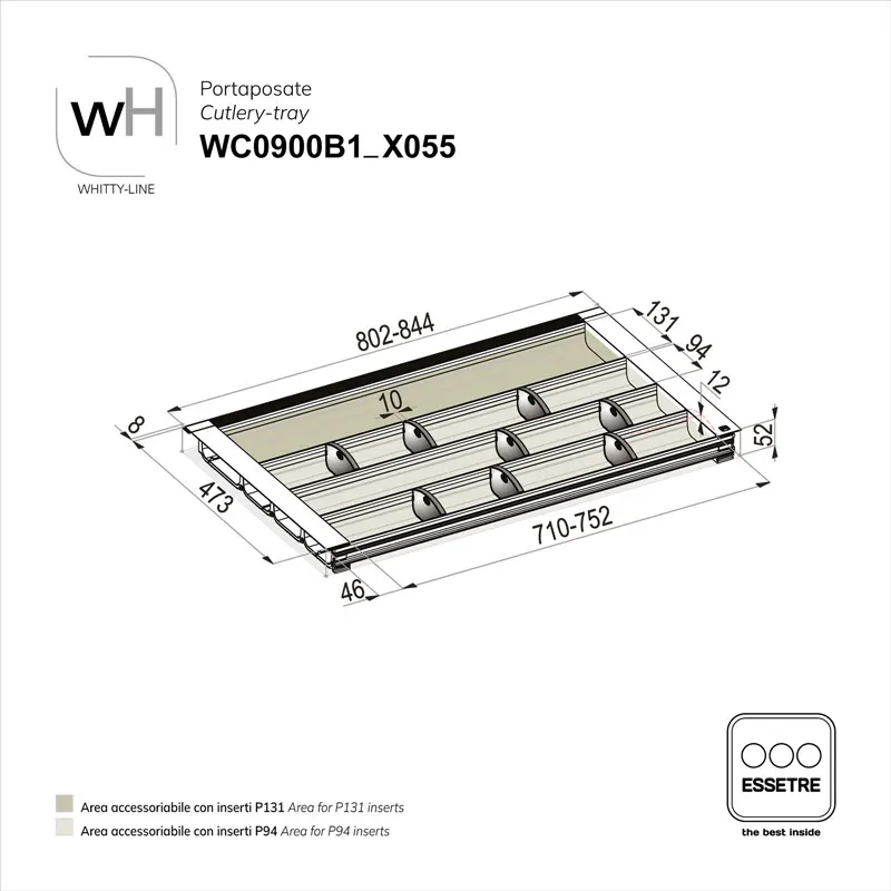 Portaposate WHITTY-LINE in plastica per cassetto base 900 mm