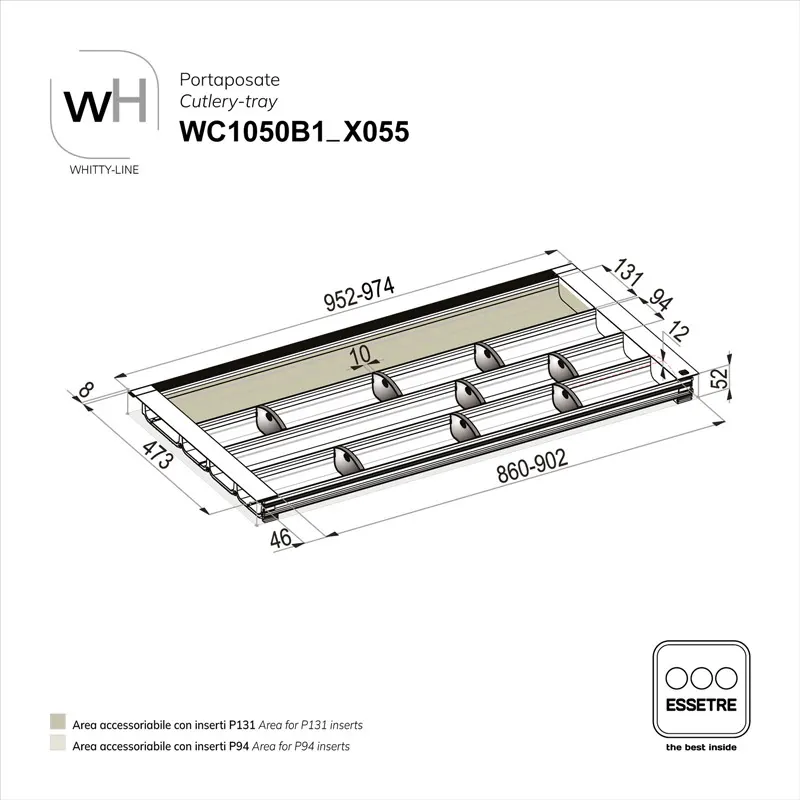 Portaposate WHITTY-LINE in plastica per cassetto base 1050 mm