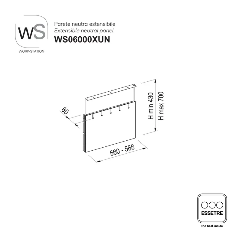 Parete inox neutra estensibile WORK-STATION Mod.00 per armadio 600 mm
