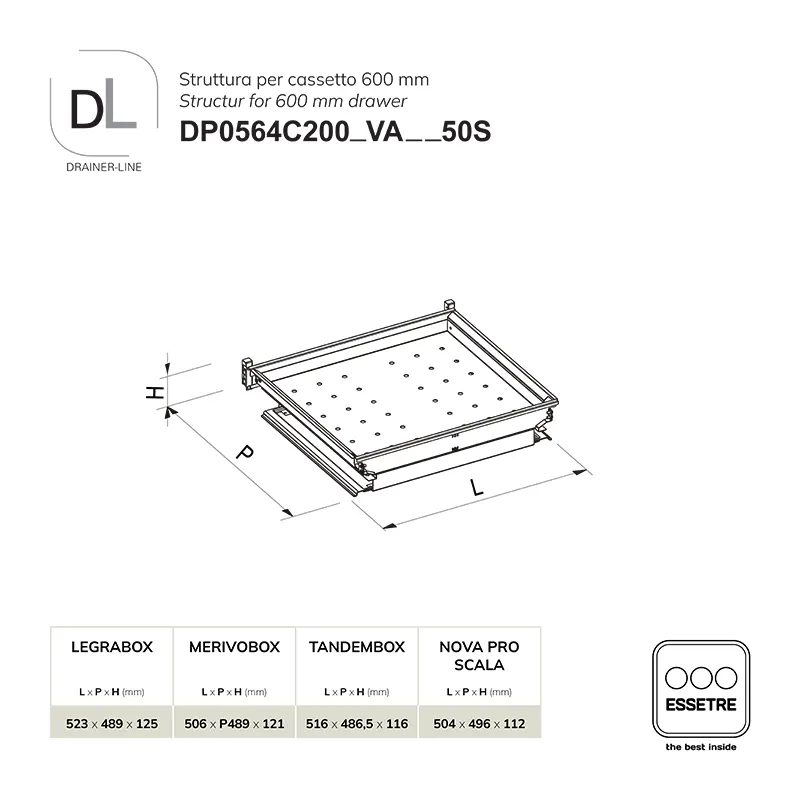 Struttura con griglia universale DRAINER-LINE per cassetto 600 mm
