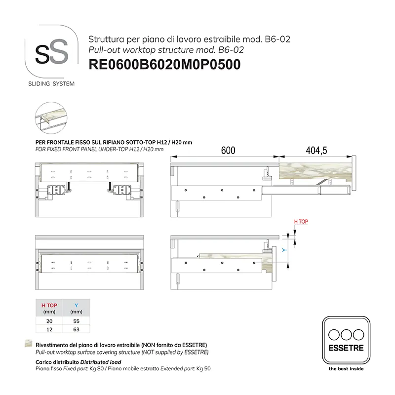 STRUTTURA con GUIDE per PIANO DI LAVORO ESTRAIBILE per BASE 600 mm SOTTO-TOP con GOLA.
