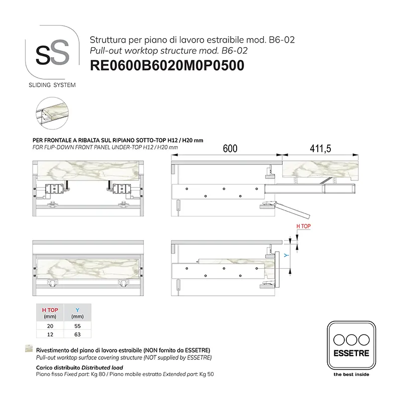 STRUTTURA con GUIDE per PIANO DI LAVORO ESTRAIBILE per BASE 600 mm SOTTO-TOP con GOLA.