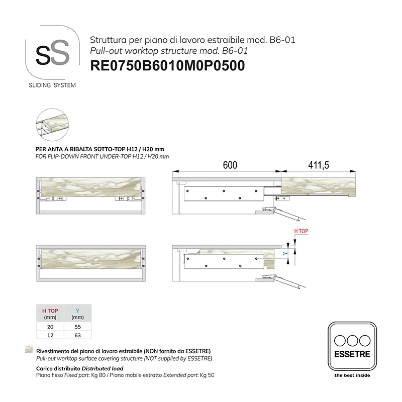 STRUTTURA con GUIDE per PIANO DI LAVORO ESTRAIBILE per BASE 750 mm SOTTO-TOP.