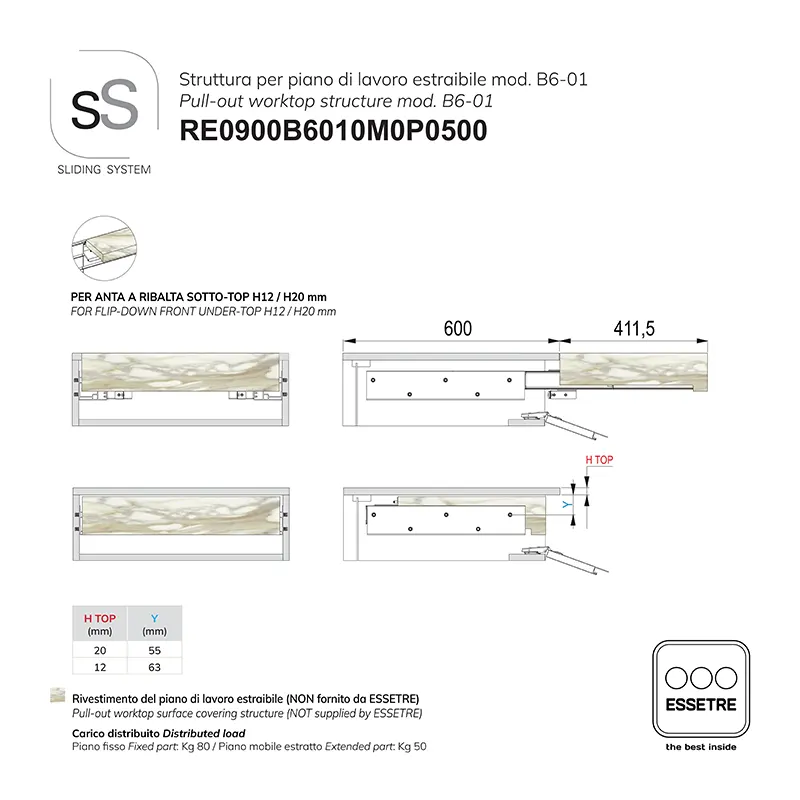 STRUTTURA con GUIDE per PIANO DI LAVORO ESTRAIBILE per BASE 900 mm SOTTO-TOP.