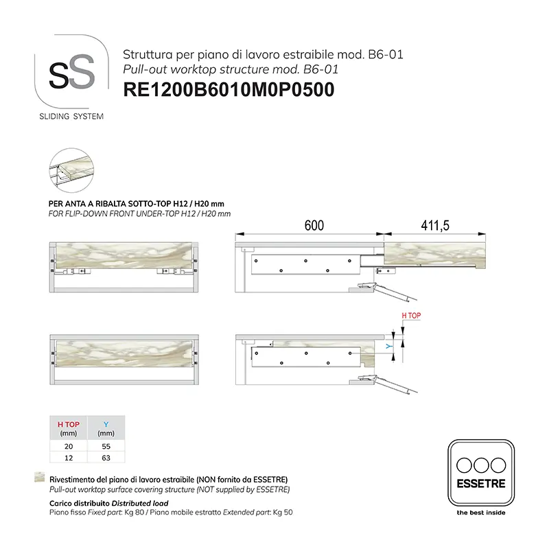 STRUTTURA con GUIDE per PIANO DI LAVORO ESTRAIBILE per BASE 1200 mm SOTTO-TOP.